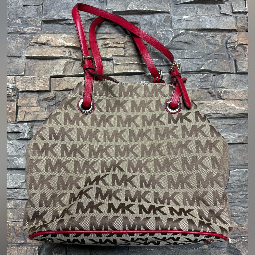 Michael Kors Jet Set Signature Tote Bag Tan Red Jacquard Leather Y2K Perfect!